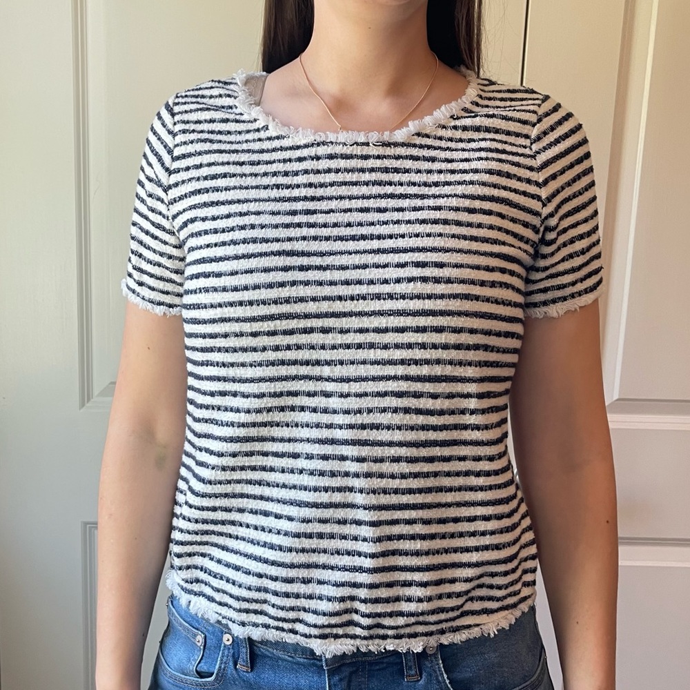 Green Envelope Fringe Trimmed Summer Sweater in Navy Stripe